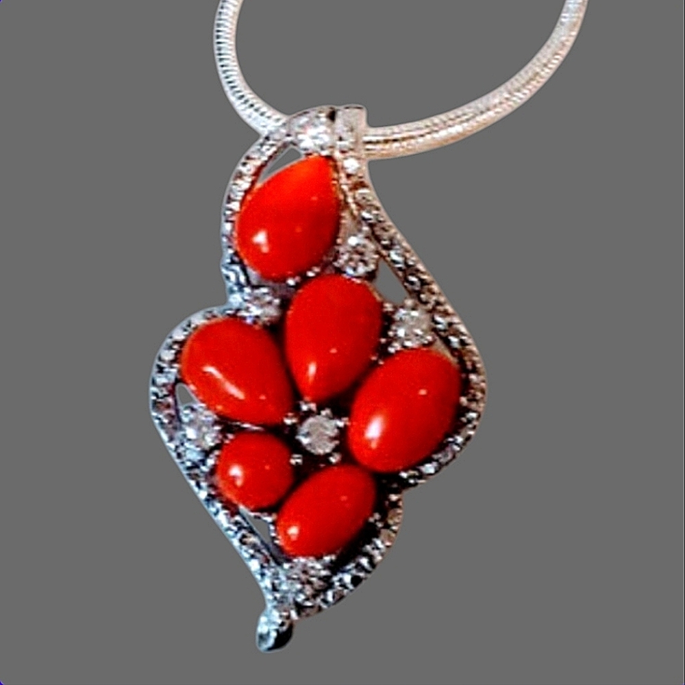 Orange Turquoise Cabochon & White CZ 925 Sterling‎ Silver Necklace.
